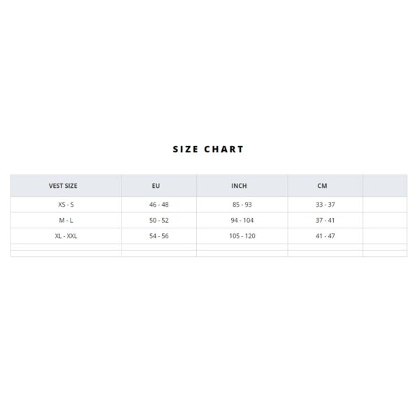 Size table AK floatation vest